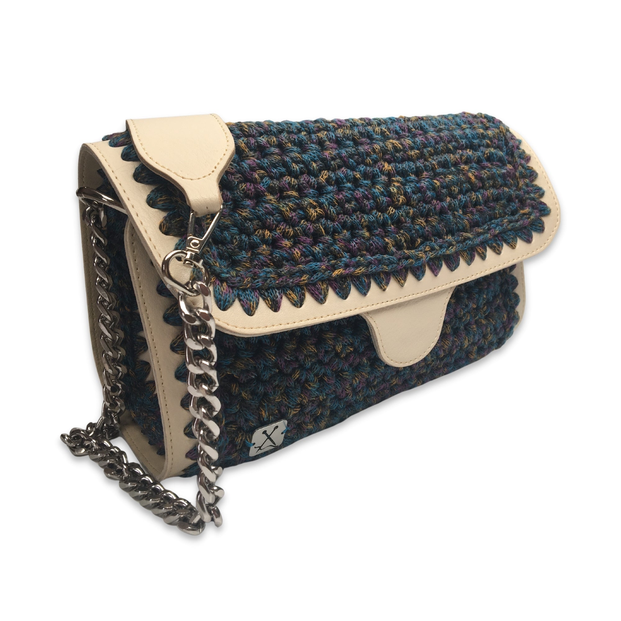 Πλεκτή πολύχρωμη τσάντα Dahlia με eco leather frame