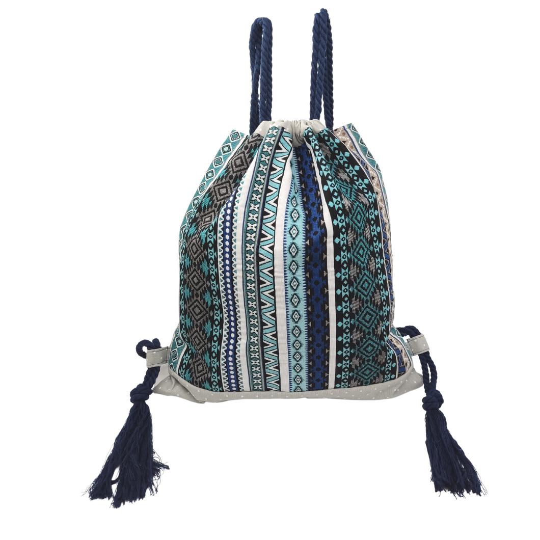 Υφασμάτινη τσάντα Drawstring με ethnic υφαντό σε γκρι πουά