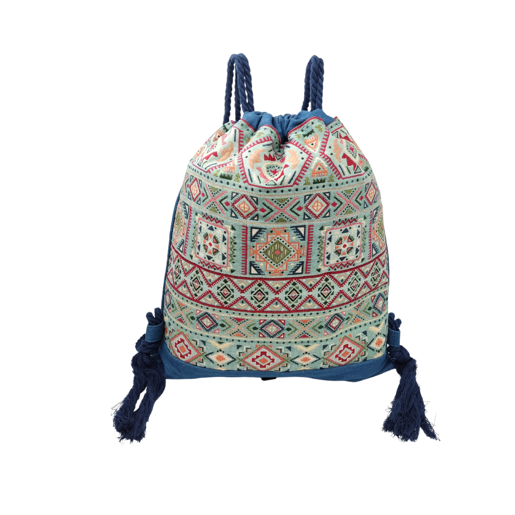 Υφασμάτινη τσάντα Drawstring με ethnic υφαντό σε τζιν
